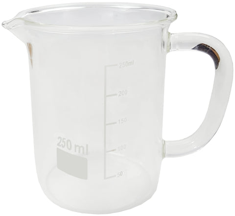 Beaker Mug 250ml with Handle and Pour Spout Borosilicate Glass.