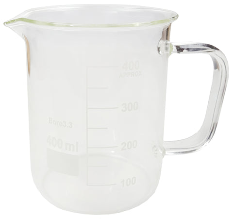Beaker Mug 400ml with Handle and Pour Spout Borosilicate Glass.