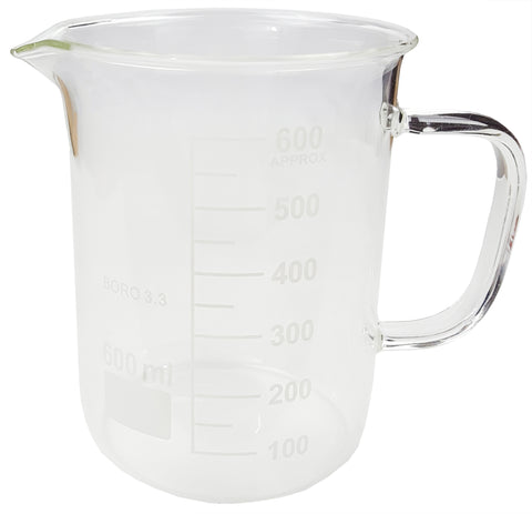 Beaker Mug 600ml with Handle and Pour Spout Borosilicate Glass.