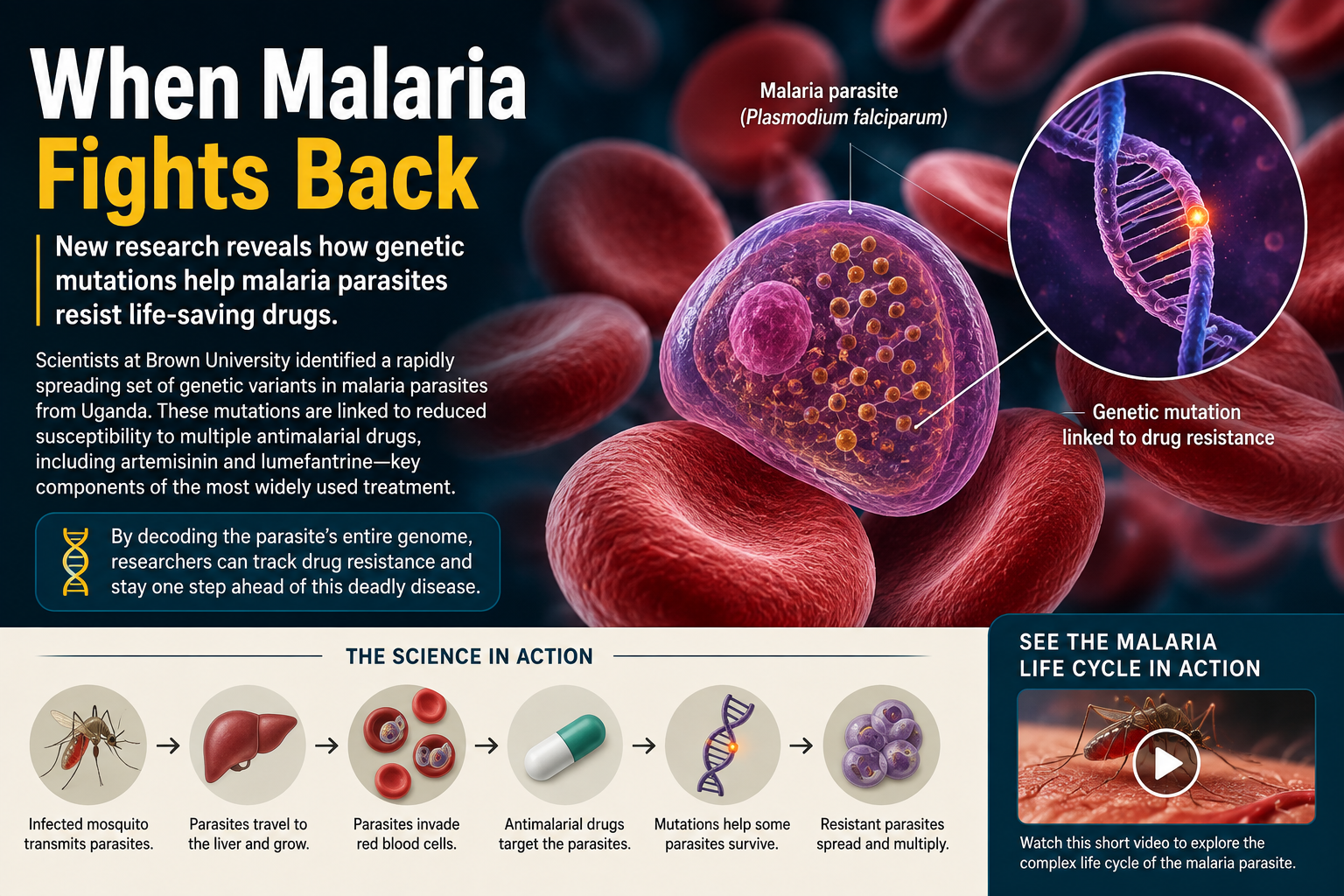 Malaria parasite among red blood cells illustrating genetic mutations associated with antimalarial drug resistance