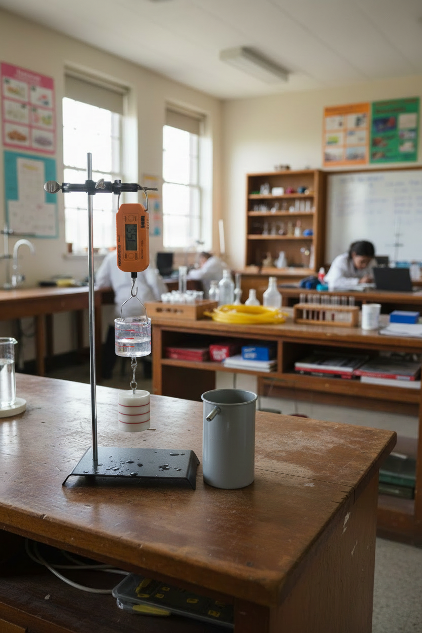 Archimedes' Principle Demonstration kit with a hanging digital scale and bucket partially filled with water in classroom setting. 