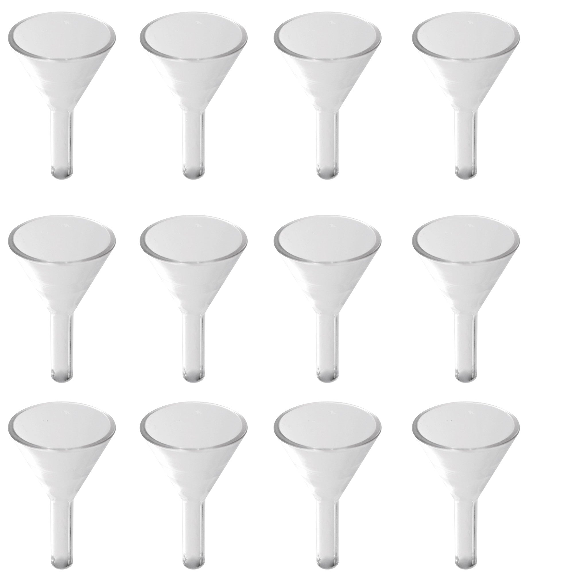 Funnel, Burette Borosilicate Glass 40mm diameter, 38mm stem length, and 10mm stem diameter. Case of 12