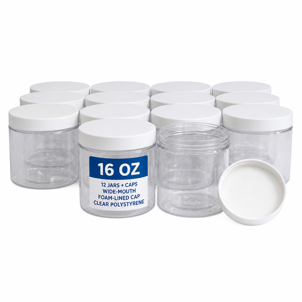 Specimen Jar, Polystyrene, 16oz, 89/400, Foam-Lined Cap, Pack of 12