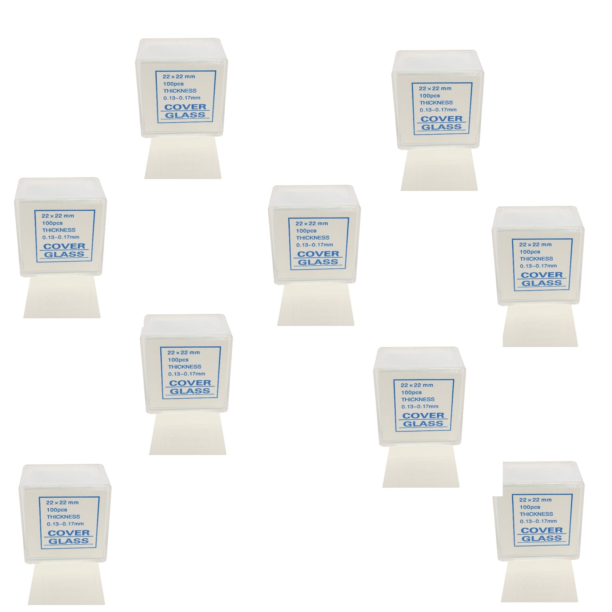 Microscope Cover Slips,  #1 Thickness, Size 22mm by 22mm Square.. Pack of 10 boxes each with 100 pieces.