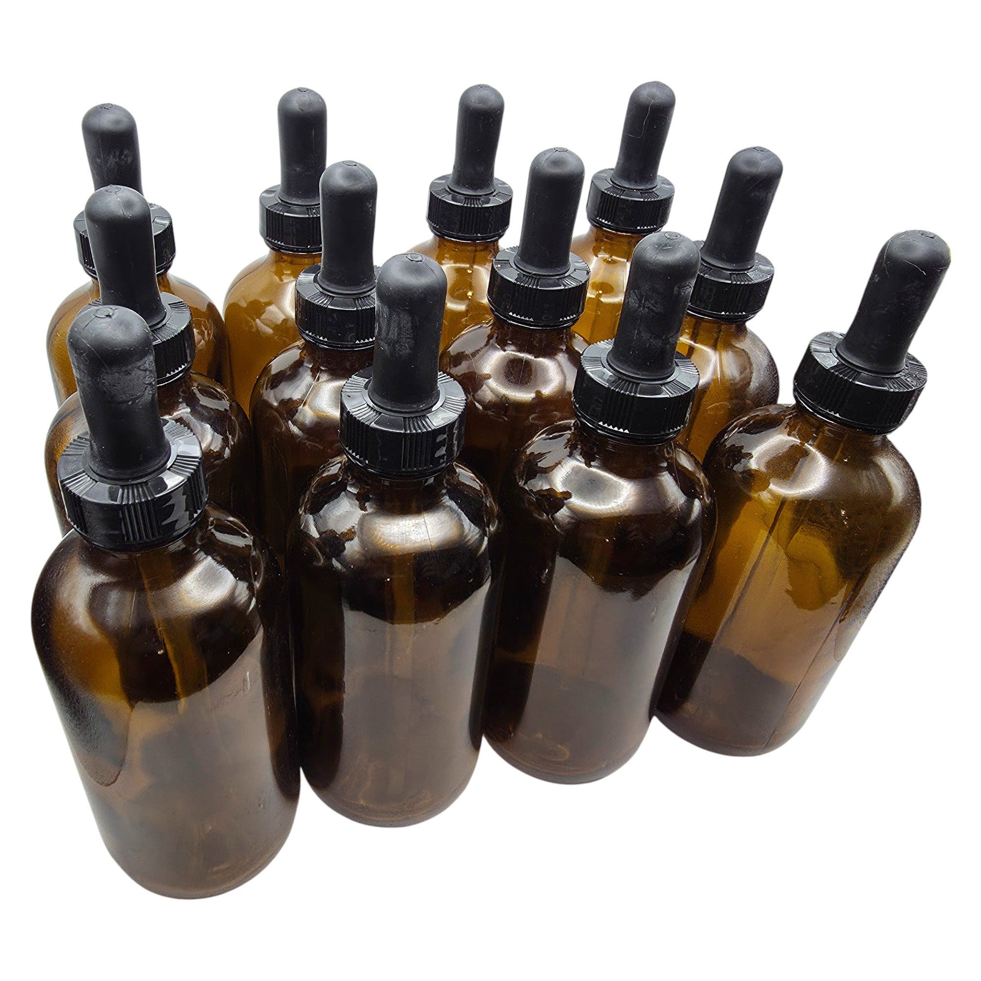 Bottle, Flint Glass, Amber, Boston Round, 8oz, with Dropper, Pack of 12.