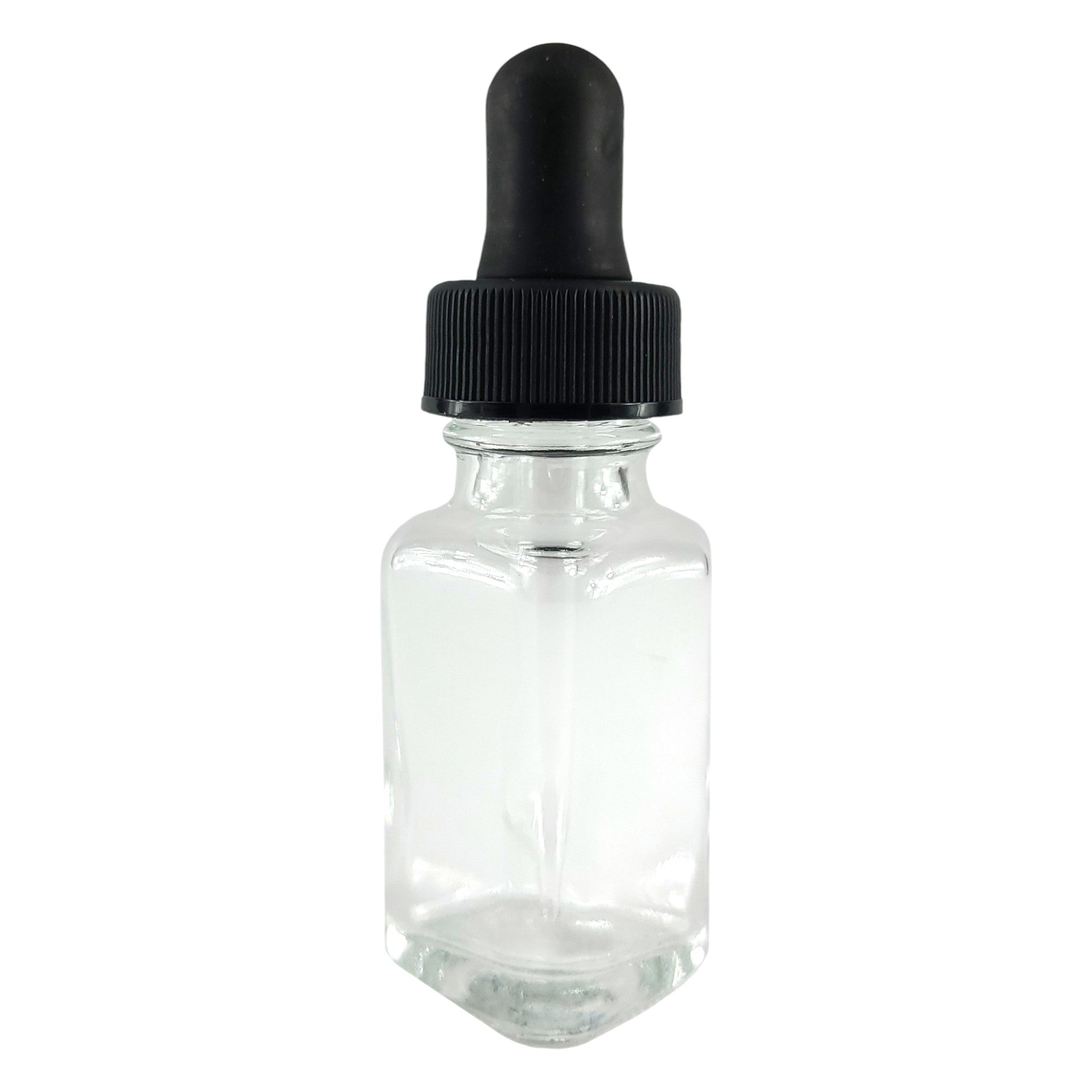 Bottle Flint Glass, French Square, Clear, 1 ounce, with dropper assembly.  Case of 144.
