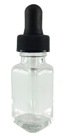 Bottle Flint Glass, French Square, Clear, 1 ounce, with dropper assembly.  Pack of 12.