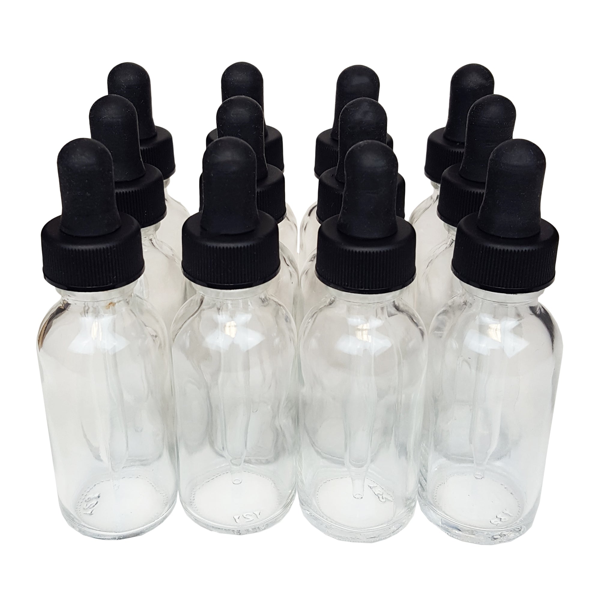 Bottle Flint Glass, Boston Round, Clear, 1 ounce, with dropper assembly.  Pack of 12.