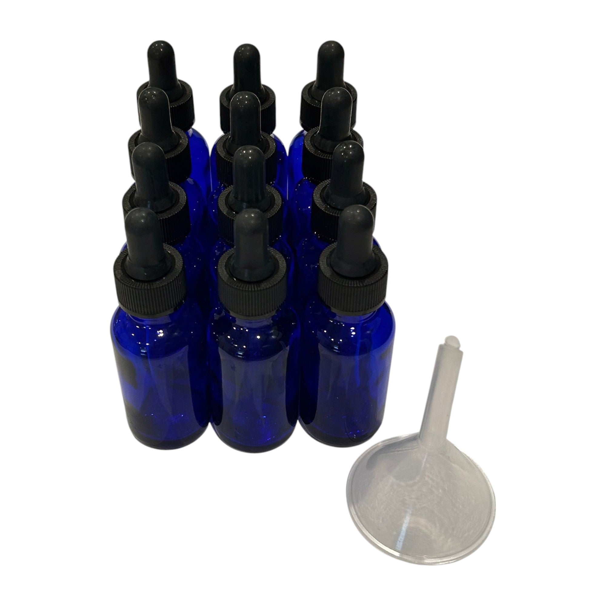 41301DZ-FUNPP50-KT : Bottles Glass ,Cobalt Blue 1oz with Droppers, 12-Pack & One 50mm Polypropylene Utility Funnel Kit – Boston Round Flint Glass