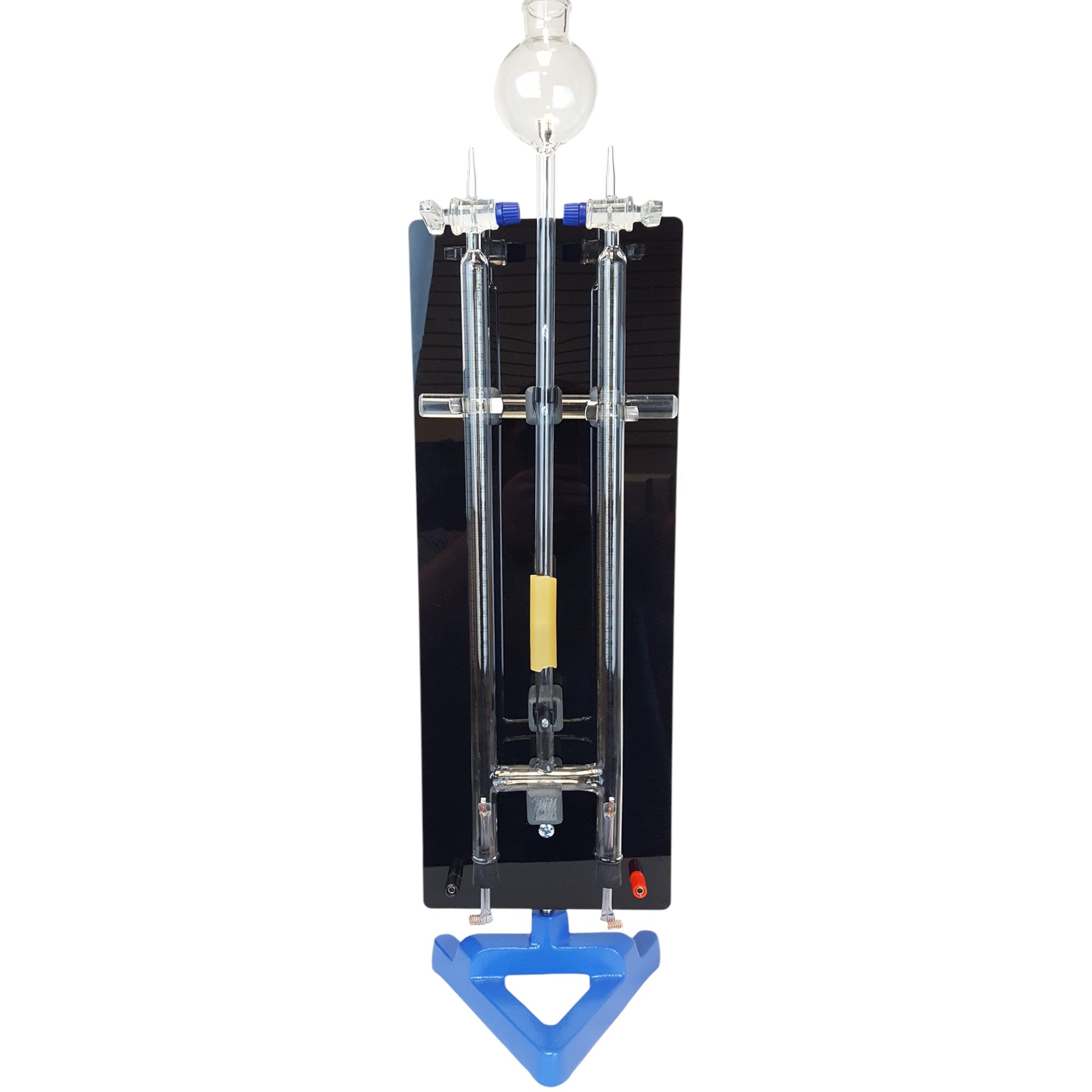 Electrolysis, Hoffman Unit with Acid Resistant Panel, Support Stand, Platinum Electrodes, and Glass Components.