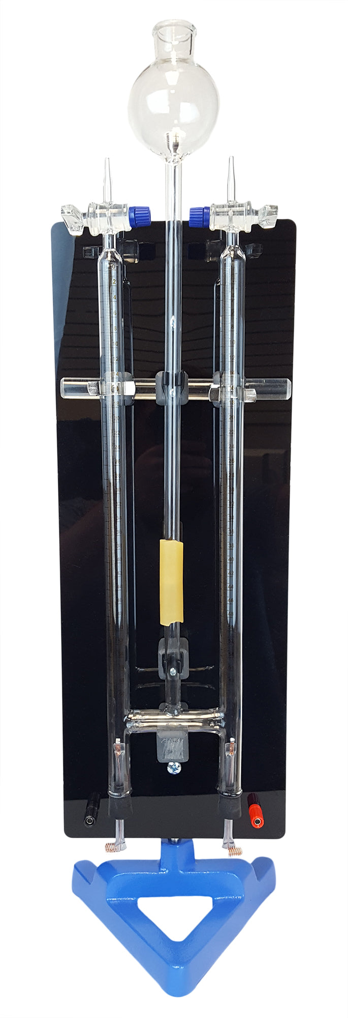 Hoffman Electrolysis Unit with Acid Resistant Panel, Support Stand, Platinum Electrodes, and Glass Components.