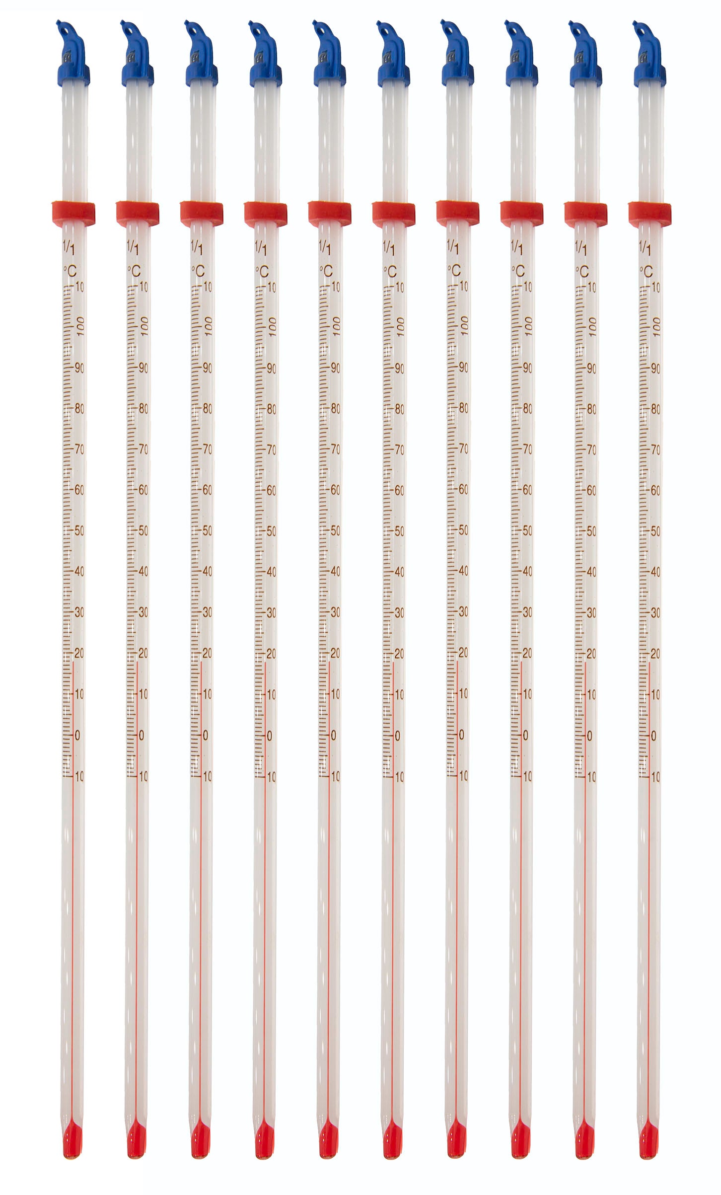 Thermometer Laboratory Red Alcohol Filled, Graduated -10 to 110C, White Back, Partial Immersion.  Pack 10.