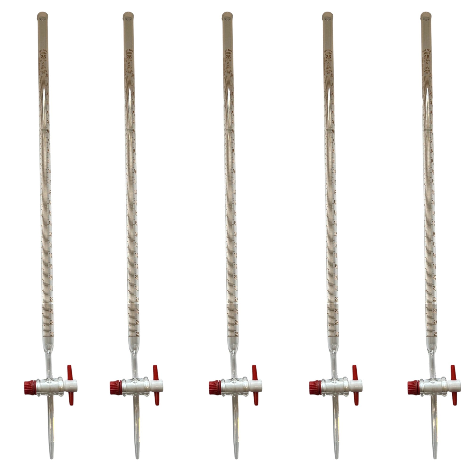 Burette, Borosilicate Glass with PTFE Stopcock, 25ml capacity. Pack of 5.