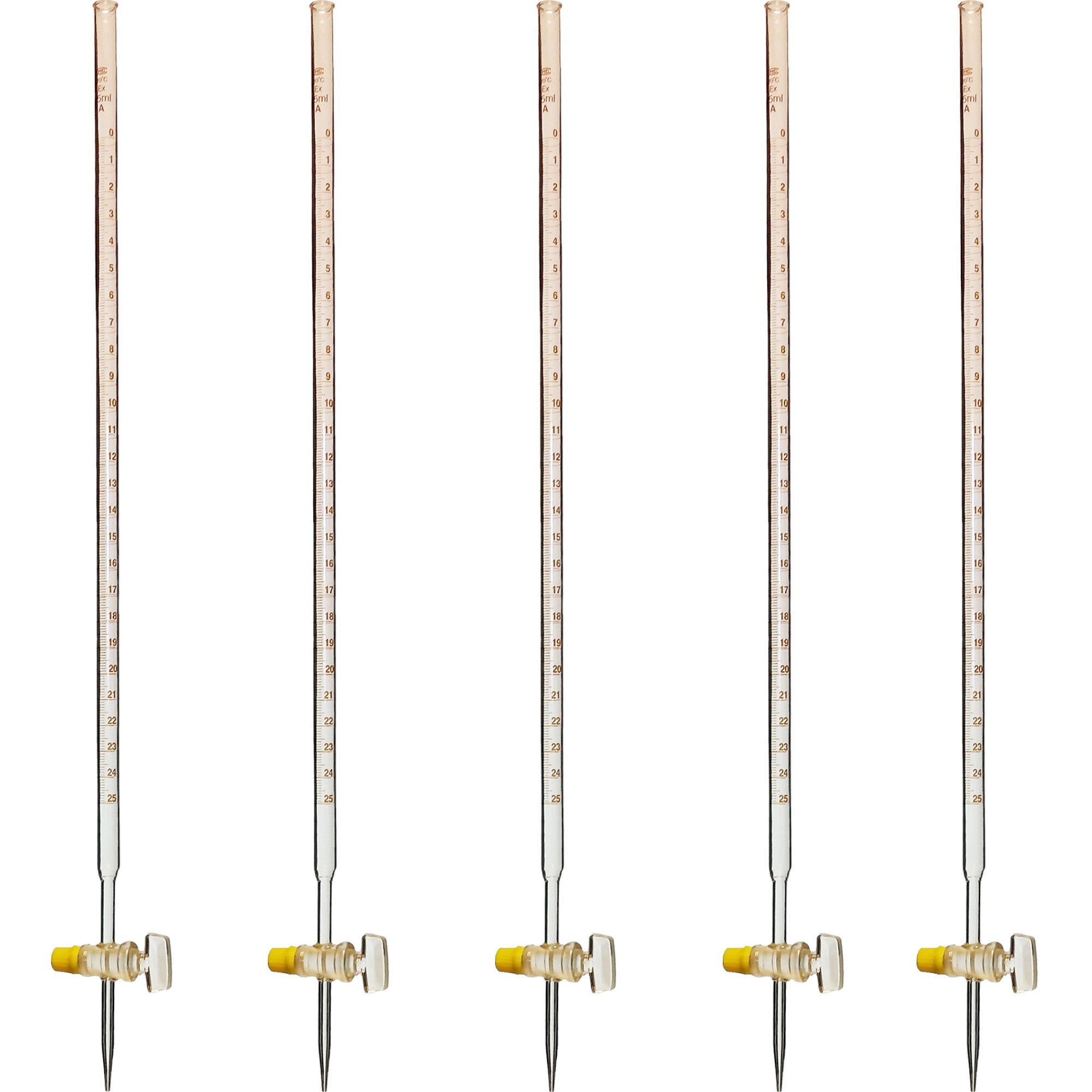 Burette, Borosilicate Glass with Ground Glass Stopcock, 25ml capacity. Pack of 5 burettes.