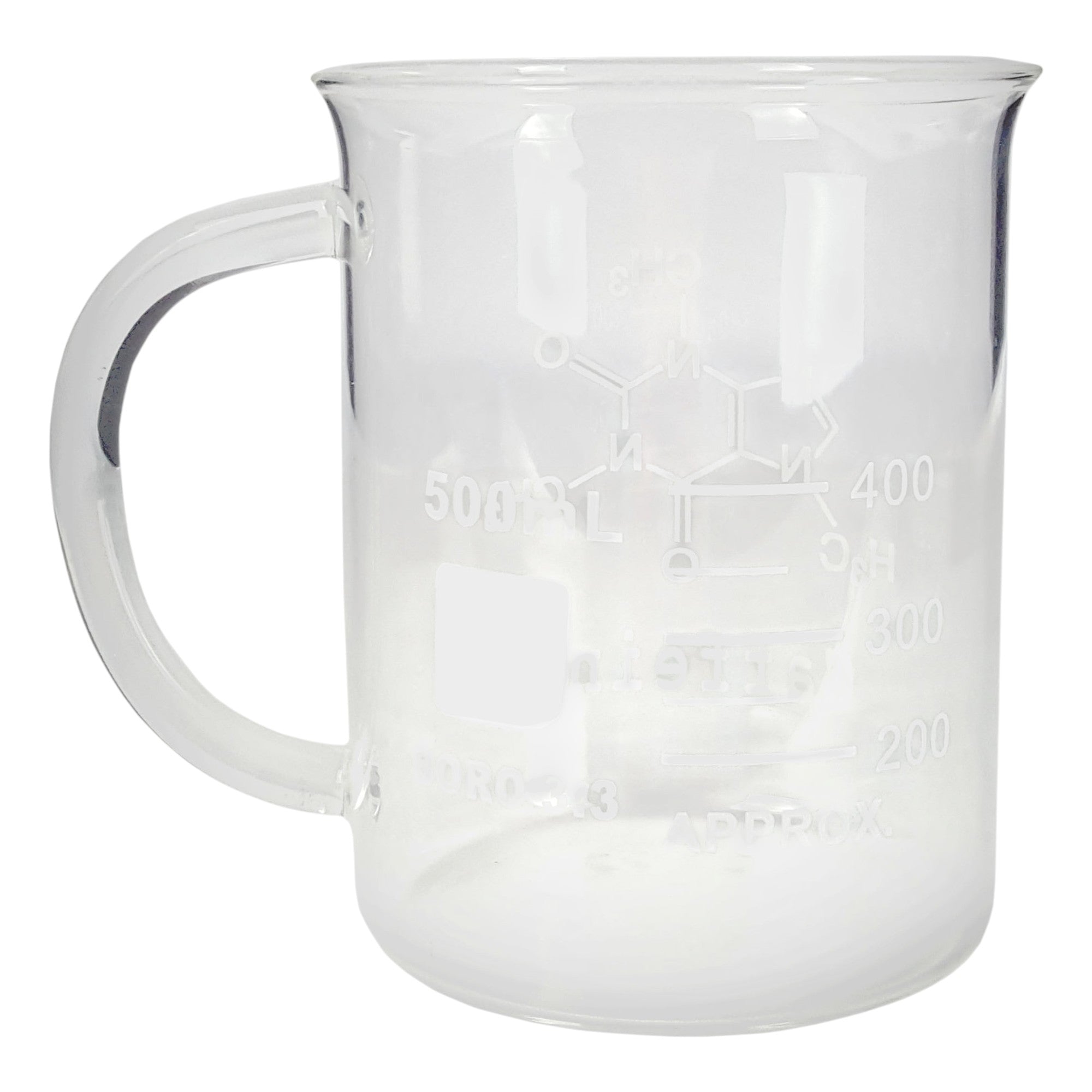 Beaker Mug 500ml with Caffeine Symbol Borosilicate Glass. Case of 40