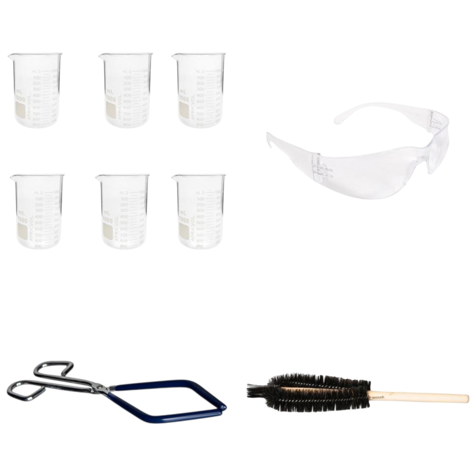 B1000SAFE-KT : Lab Beaker Starter Kit, 6- 1000ml Griffin Style Beaker, Beaker Brush (330mm), Safety Glasses, Beaker Tongs with Plastisol-Coated Jaws – Essential Labware Bundle