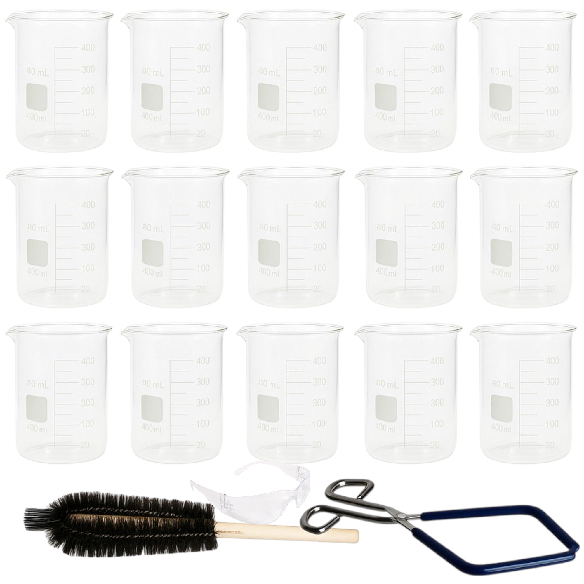 Lab Beaker Starter Kit – 400ml Griffin Style Beaker, Beaker Brush (330mm), Safety Glasses, Beaker Tongs with Plastisol-Coated Jaws – Essential Labware Bundle