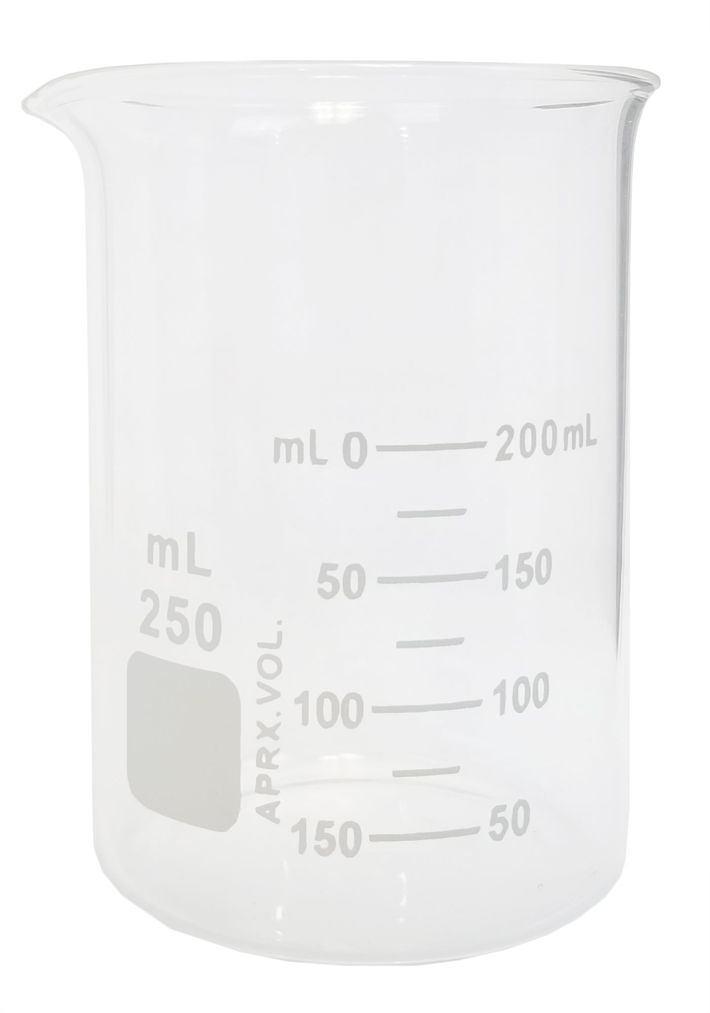 Beaker, Griffin Style, 250ml Capacity, Borosilicate Glass, Graduated. Pack of 12.