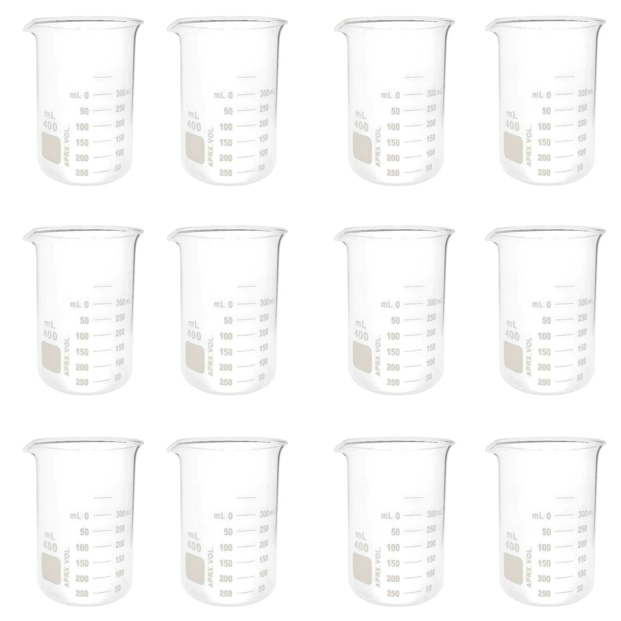 Beaker, Griffin Style, 400ml Capacity, Borosilicate Glass, Graduated. Pack of 12.