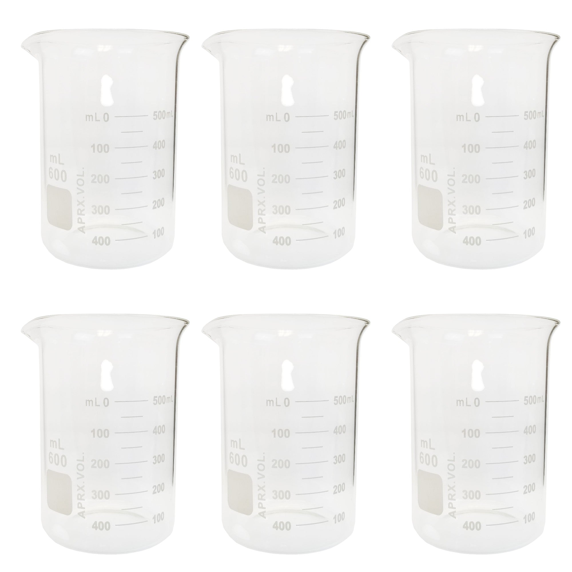 Beaker Griffin Style 600ml Capacity Borosilicate Glass Graduated.  Pack of 6.