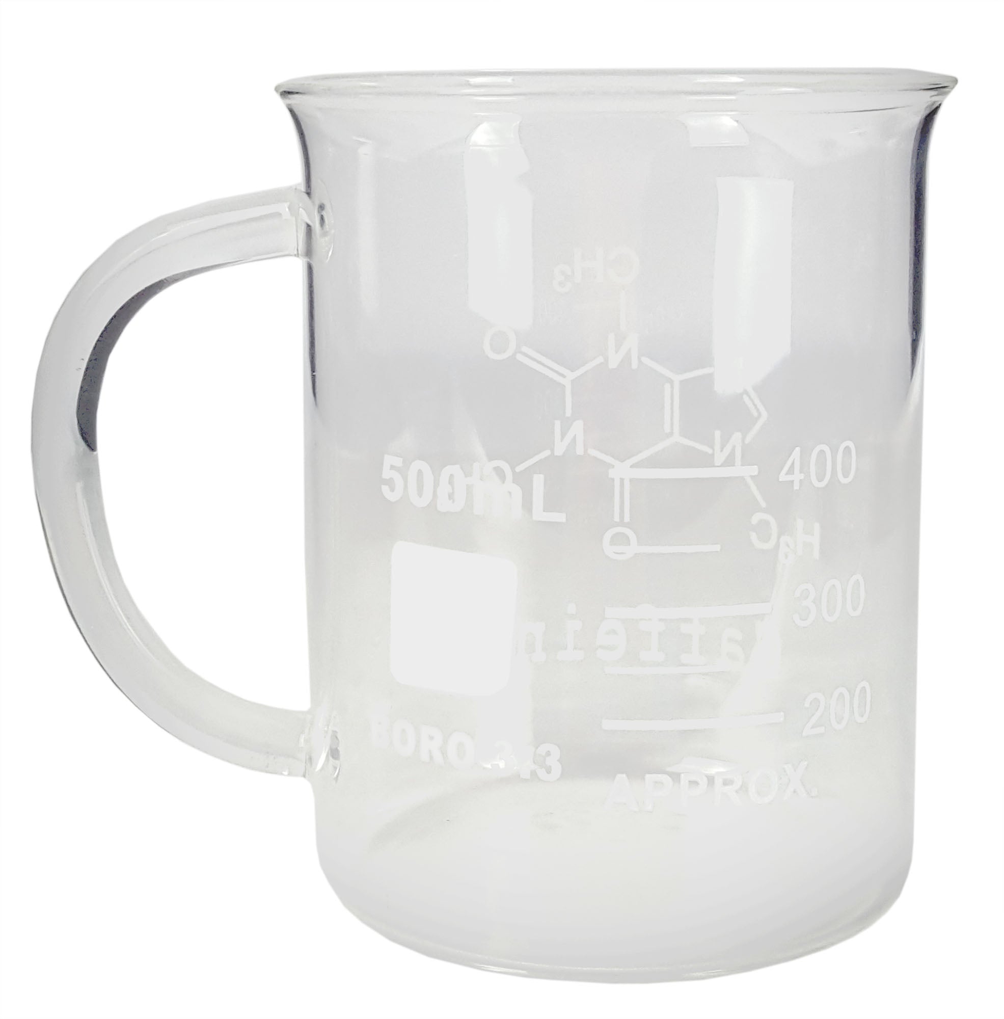Beaker Mug 500ml with Caffeine Symbol Borosilicate Glass. Case of 40