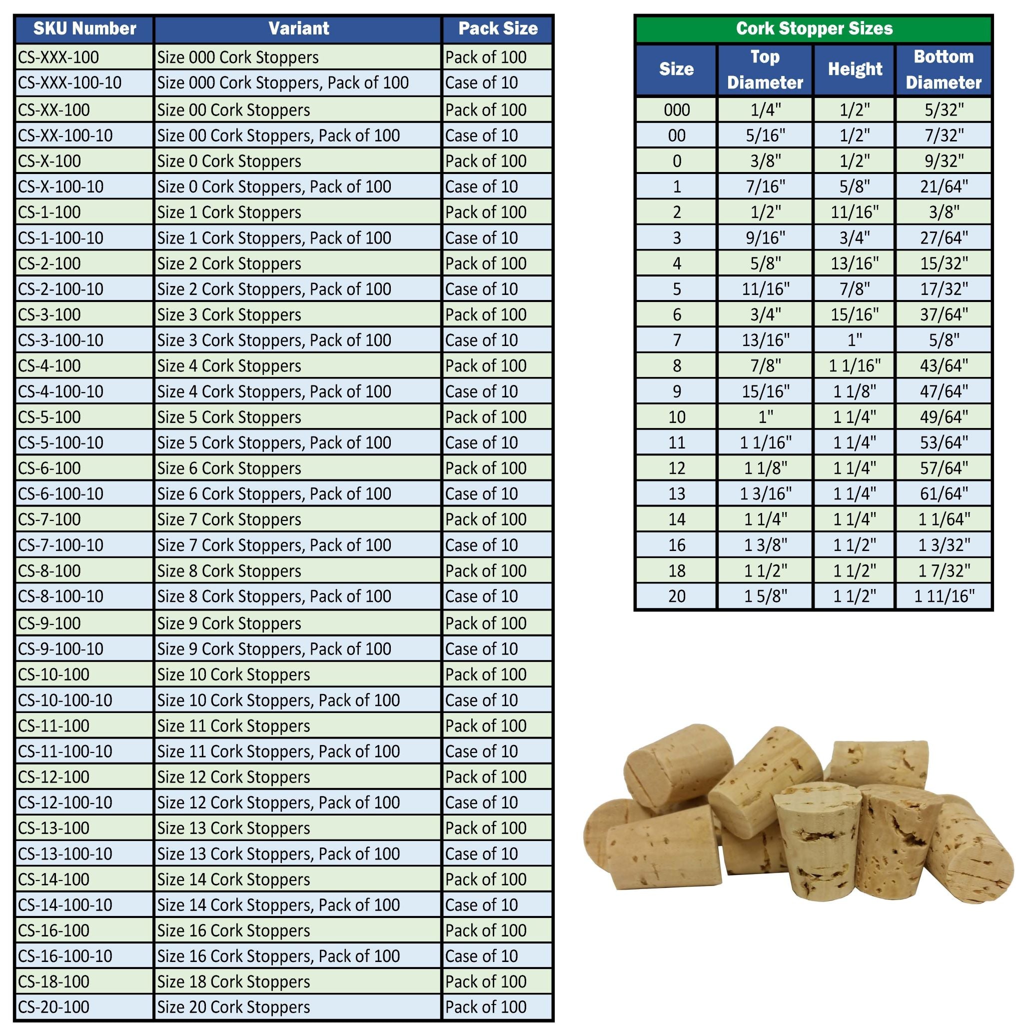 Stoppers Cork , Size 10. Pack of 100.