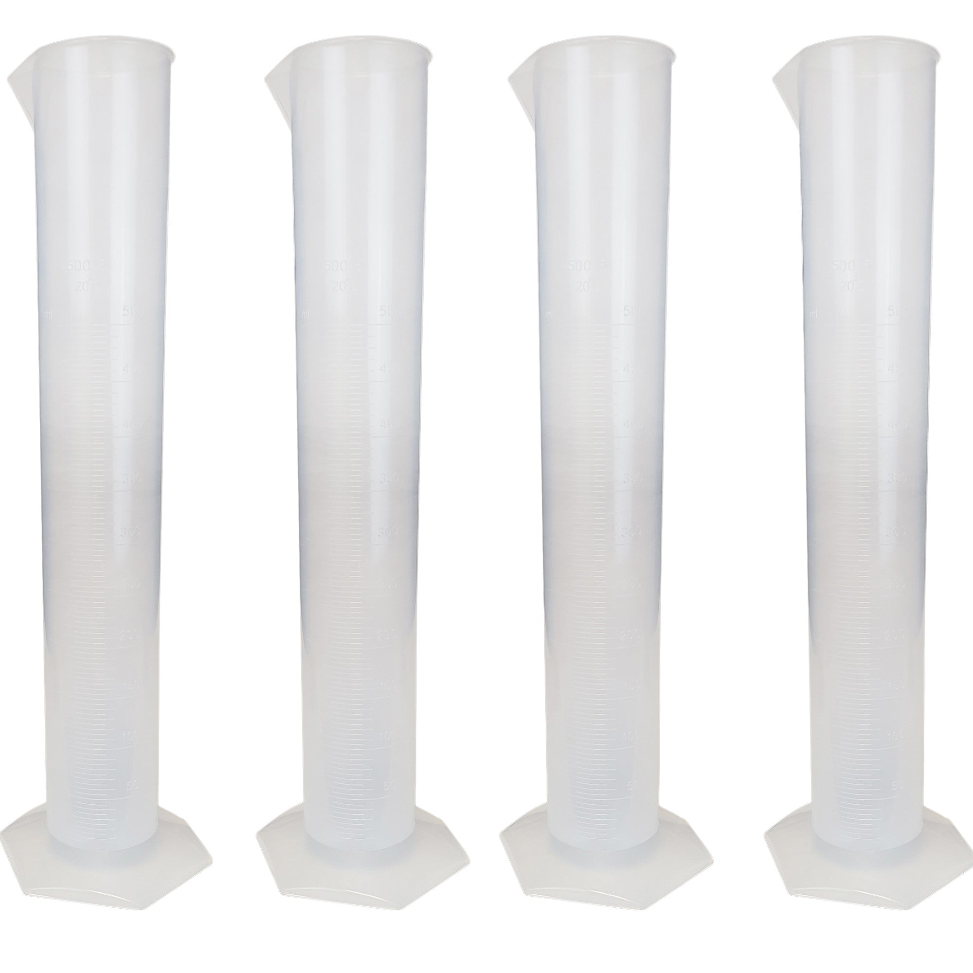 Cylinder Polypropylene Graduated with Hex Base, 500ml Capacity. Pack of 4.