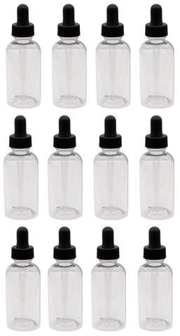 Bottle PET, Boston Round, Clear, 2 ounce, with glass pipette dropper assembly. Pack of 12.