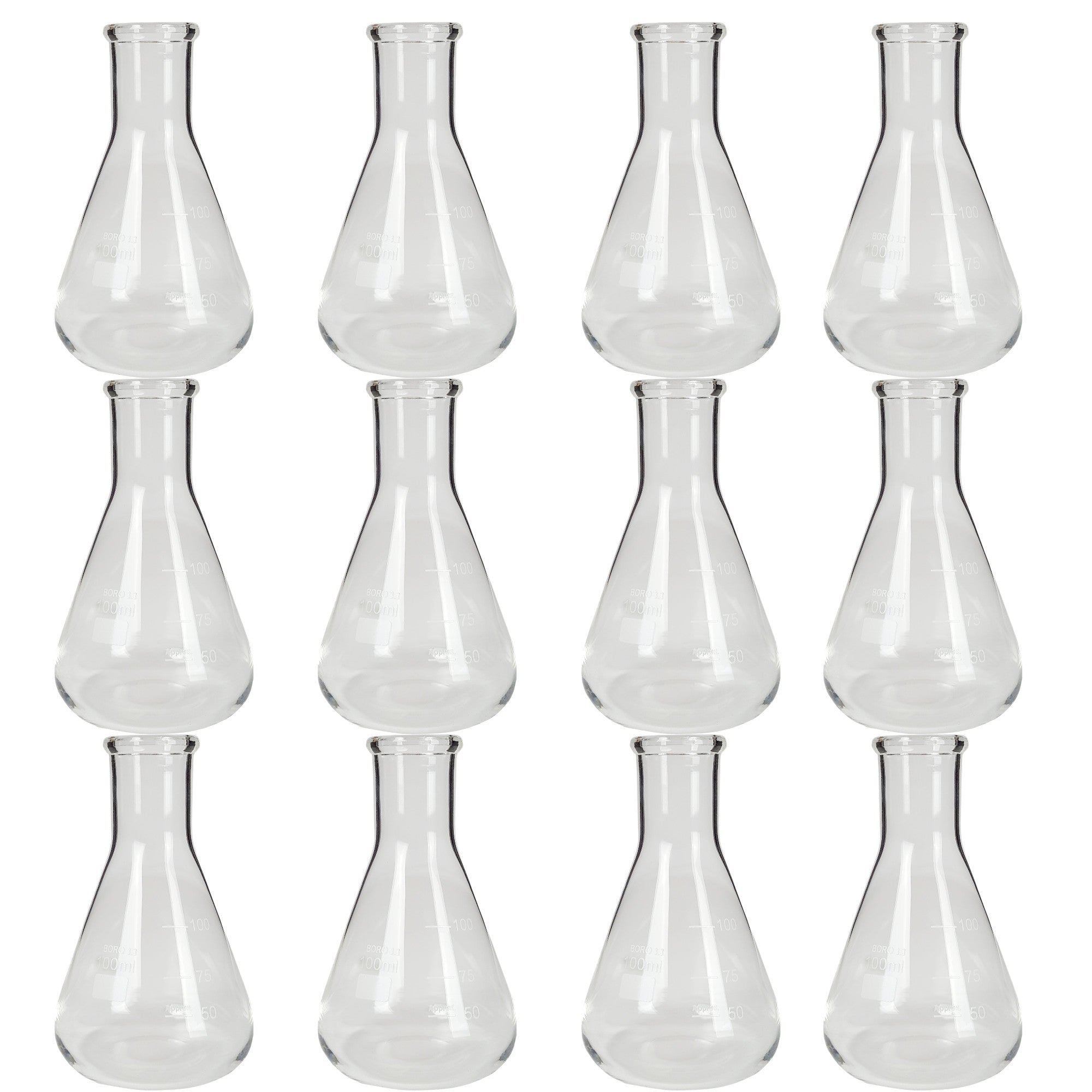 Flask - Erlenmeyer Flask, Conical Shape, Standard Neck, 100ml capacity. Made from Borosilicate Glass, that is resistant to thermal shock and a good fit for any laboratory, science classroom, or homeschool.  Pack of 12.