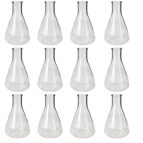 Flask - Erlenmeyer Flask, Conical Shape, Standard Neck, 125ml capacity. Made from Borosilicate Glass, that is resistant to thermal shock and a good fit for any laboratory, science classroom, or homeschool. Pack of 12.