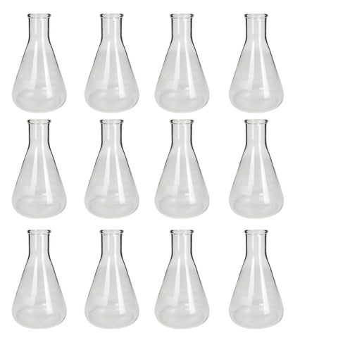 Flask - Erlenmeyer Flask, Conical Shape, Standard Neck, 150ml capacity. Made from Borosilicate Glass, that is resistant to thermal shock and a good fit for any laboratory, science classroom, or homeschool.  Pack of 12.