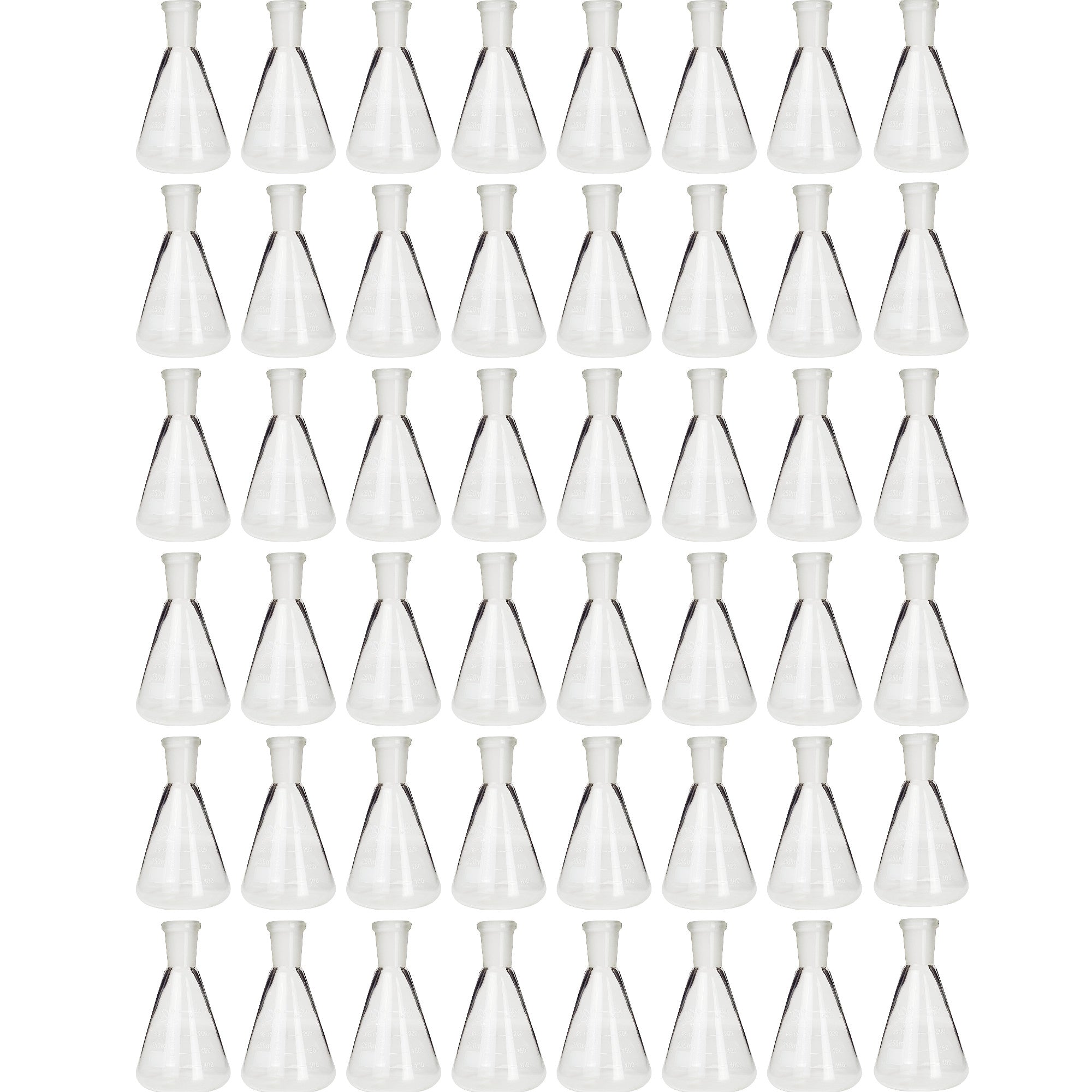 Flask - Erlenmeyer Flask, Conical Shape, Standard Neck, 250ml capacity, Borosilicate Glass, that is resistant to thermal shock and a good fit for any laboratory, science classroom, or homeschool.   Sold as a case of 48 Erlenmeyer Flasks