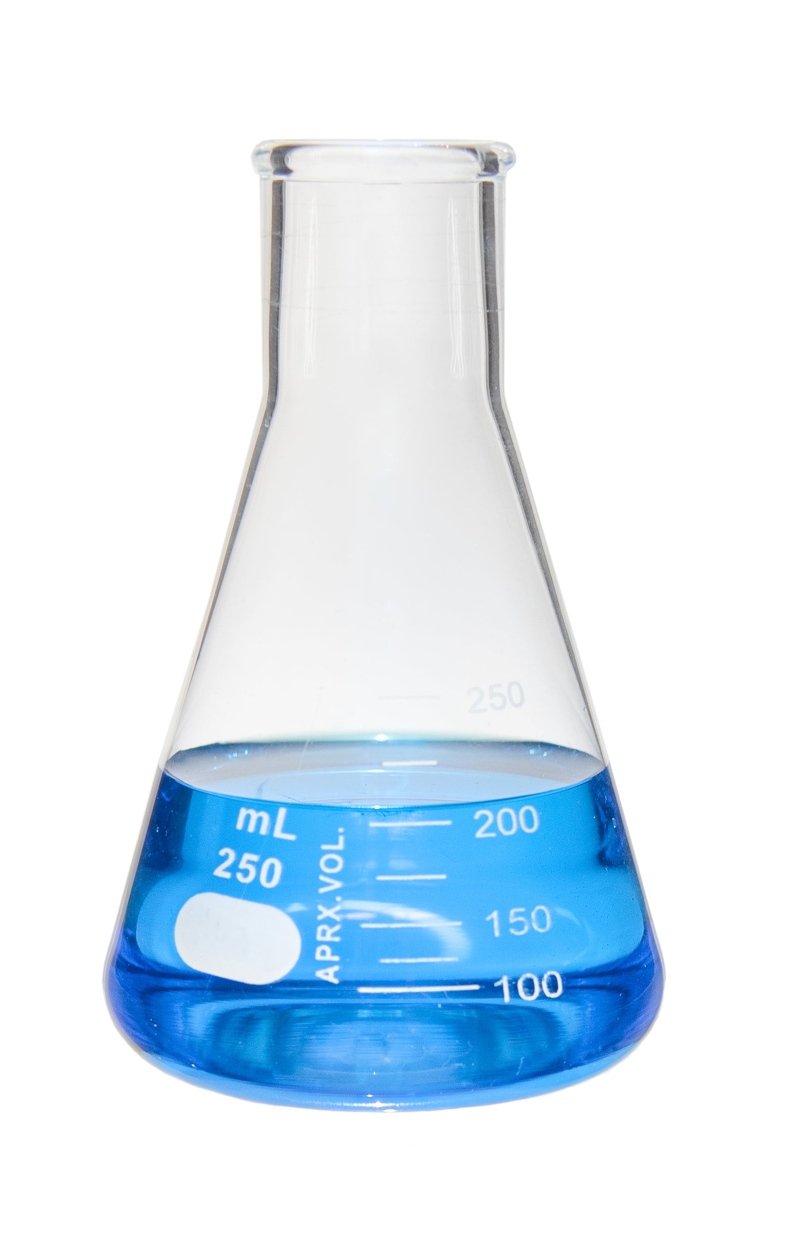 Flask - Erlenmeyer Flask, Conical Shape, Standard Neck, 250ml capacity, Borosilicate Glass, that is resistant to thermal shock and a good fit for any laboratory, science classroom, or homeschool.   Sold as a case of 48 Erlenmeyer Flasks