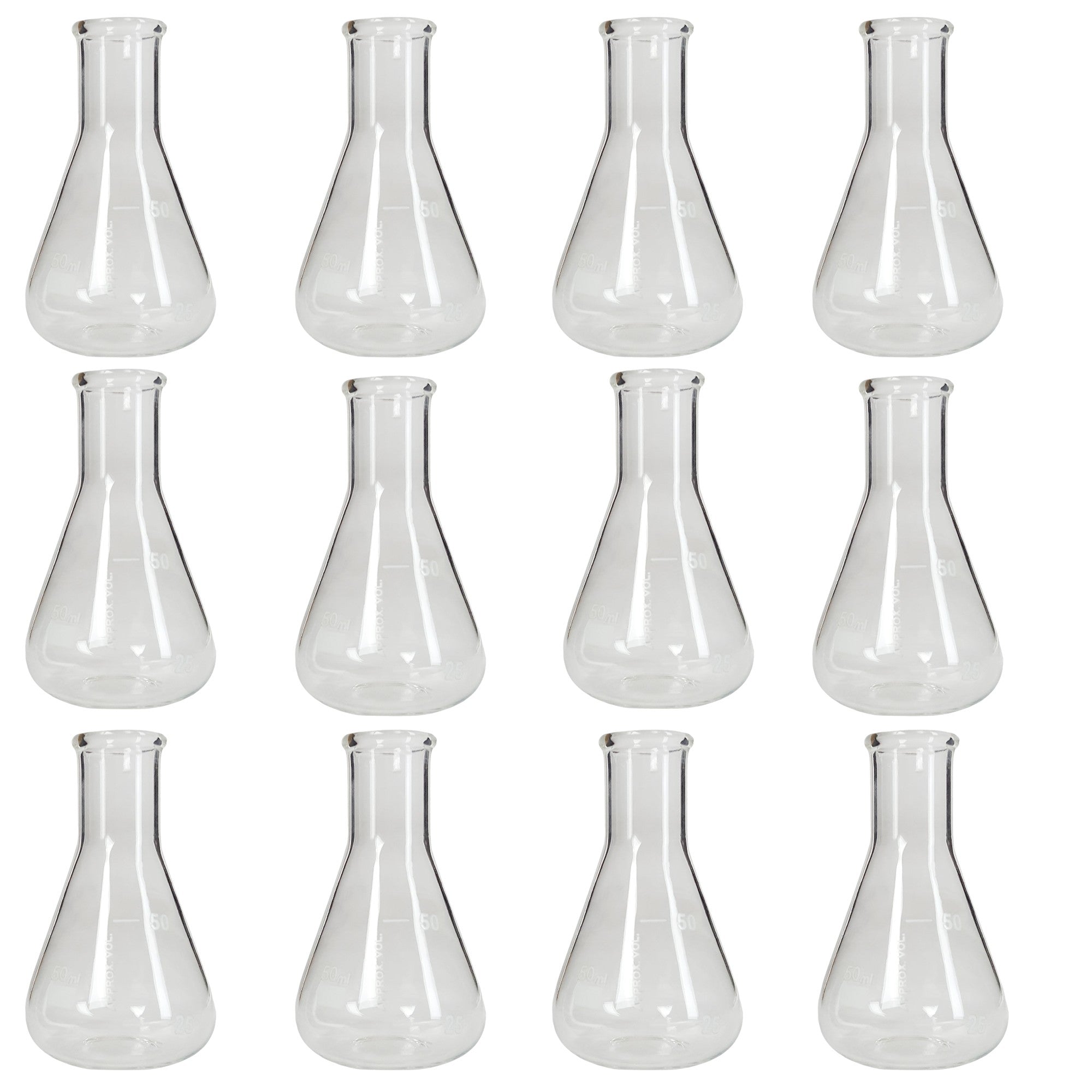 Flask - Erlenmeyer Flask, Conical Shape, Standard Neck, 50ml capacity. Made from Borosilicate Glass, that is resistant to thermal shock and a good fit for any laboratory, science classroom, or homeschool.  Pack of 12