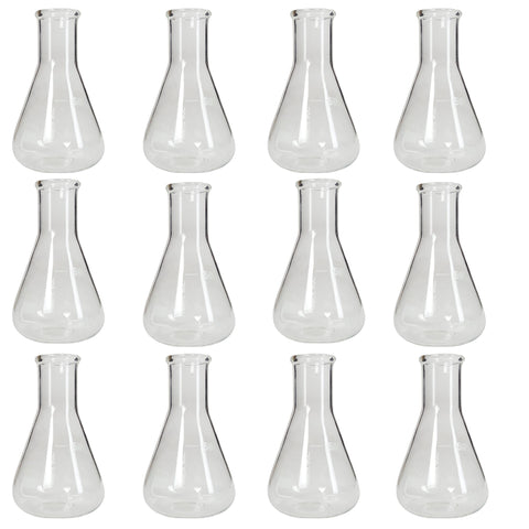 Flask - Erlenmeyer Flask, Conical Shape, Standard Neck, 50ml capacity. Made from Borosilicate Glass, that is resistant to thermal shock and a good fit for any laboratory, science classroom, or homeschool.  Pack of 12