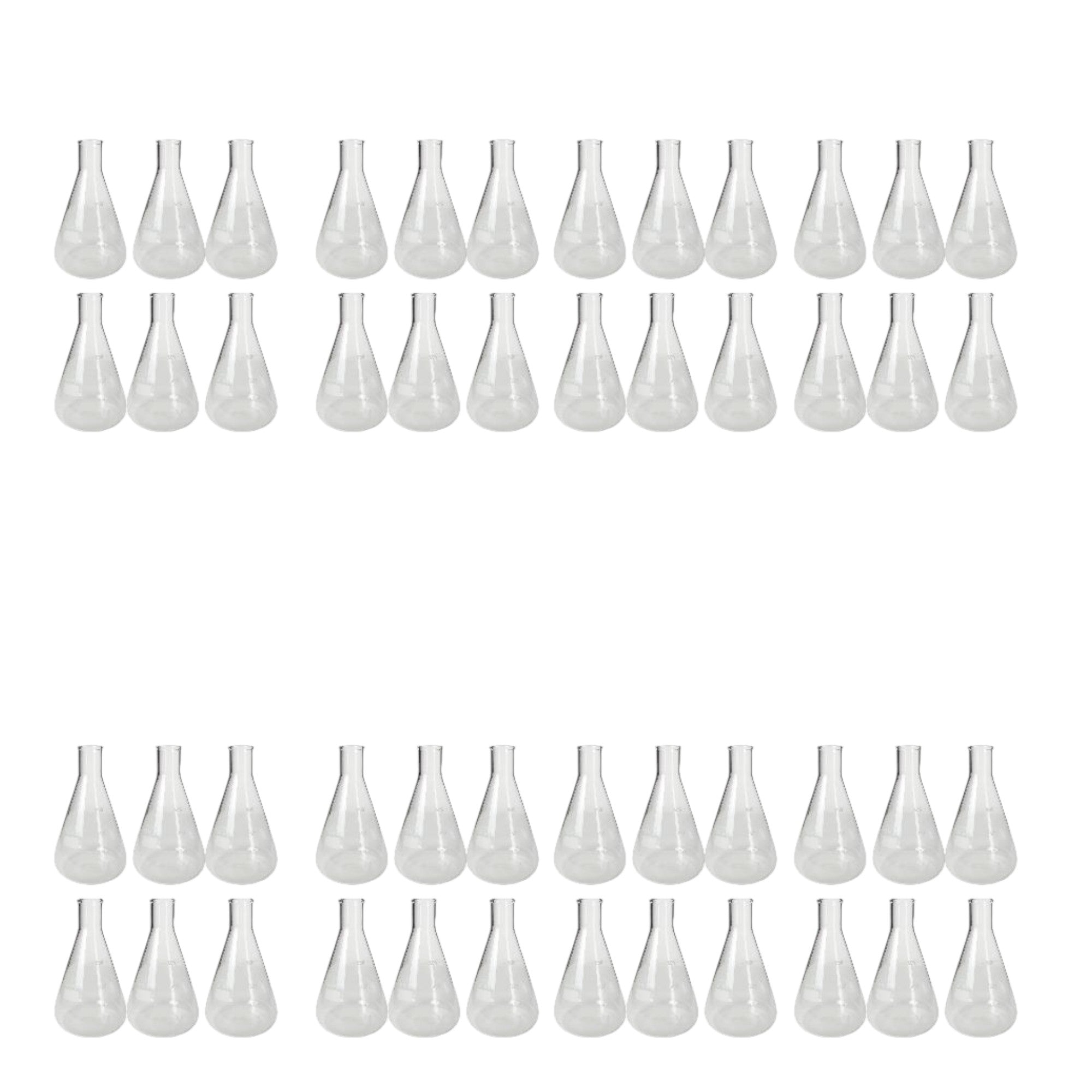 Flask - Erlenmeyer Flask, Conical Shape, Standard Neck, 500ml capacity. Made from Borosilicate Glass, that is resistant to thermal shock and a good fit for any laboratory, science classroom, or homeschool.  Case of 48