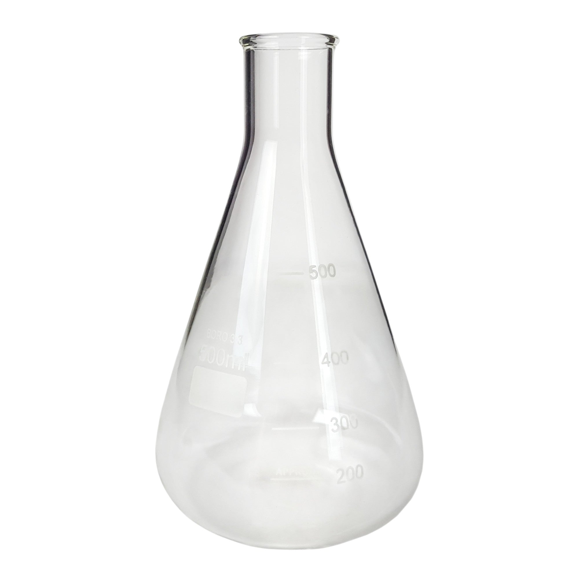 Flask - Erlenmeyer Flask, Conical Shape, Standard Neck, 500ml capacity. Made from Borosilicate Glass, that is resistant to thermal shock and a good fit for any laboratory, science classroom, or homeschool.