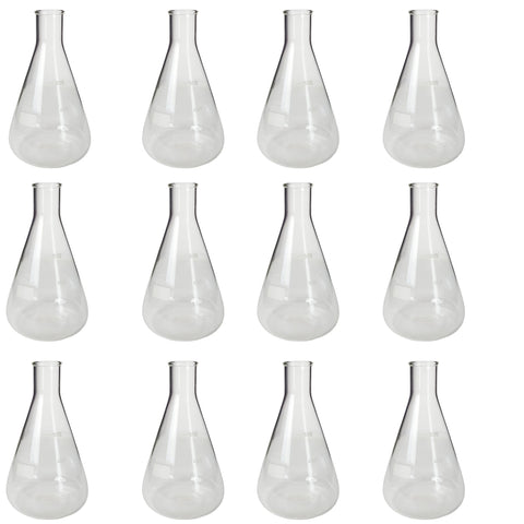 Flask - Erlenmeyer Flask, Conical Shape, Standard Neck, 500ml capacity. Made from Borosilicate Glass, that is resistant to thermal shock and a good fit for any laboratory, science classroom, or homeschool. Pack of 12