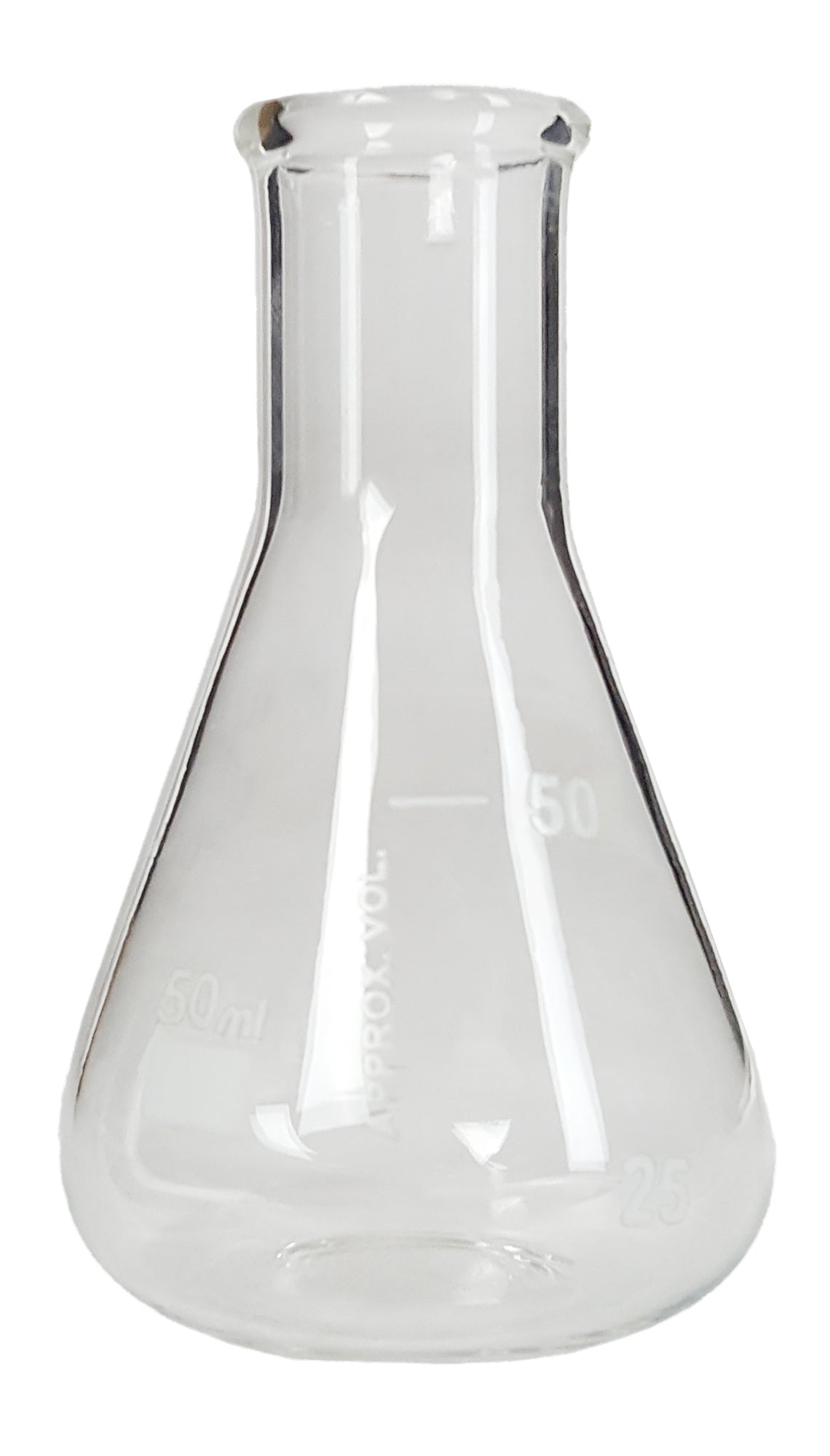 Flask - Erlenmeyer Flask, Conical Shape, Standard Neck, 50ml capacity. Made from Borosilicate Glass, that is resistant to thermal shock and a good fit for any laboratory, science classroom, or homeschool.