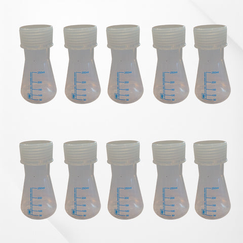 Erlenmeyer Polypropylene 250ml with screw cap and graduations up to 250ml x 50ml. Pack of 10 Erlenmeyer Flasks.