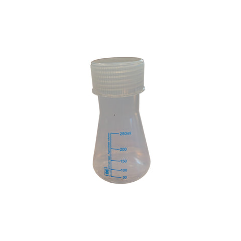 Erlenmeyer Flask Polypropylene, 250ml capacity, with screw cap and graduations up to 250ml x 50ml.