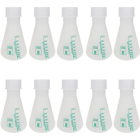 Erlenmeyer Flask Polypropylene, 500ml capacity, with screw cap and graduations up to 500ml x 50ml. Sold in a pack of 10 Erlenmeyer Flasks.