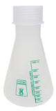 Erlenmeyer Flask Polypropylene, 500ml capacity, with screw cap and graduations up to 500ml x 50ml. Sold in a pack of 10 Erlenmeyer Flasks.