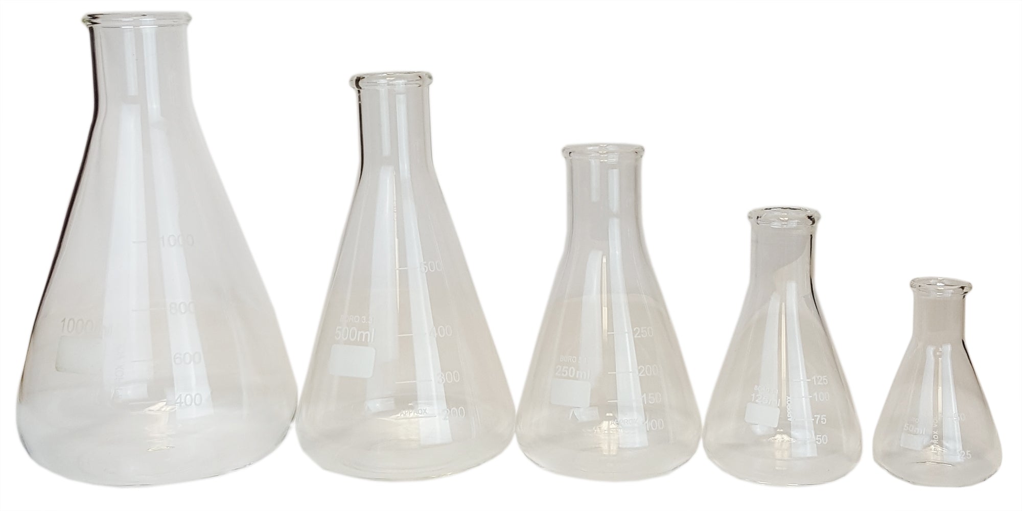 Erlenmeyer Flask with Standard Neck Set - 50ml, 125ml, 250ml, 500ml, and 1000ml by Go Science Crazy