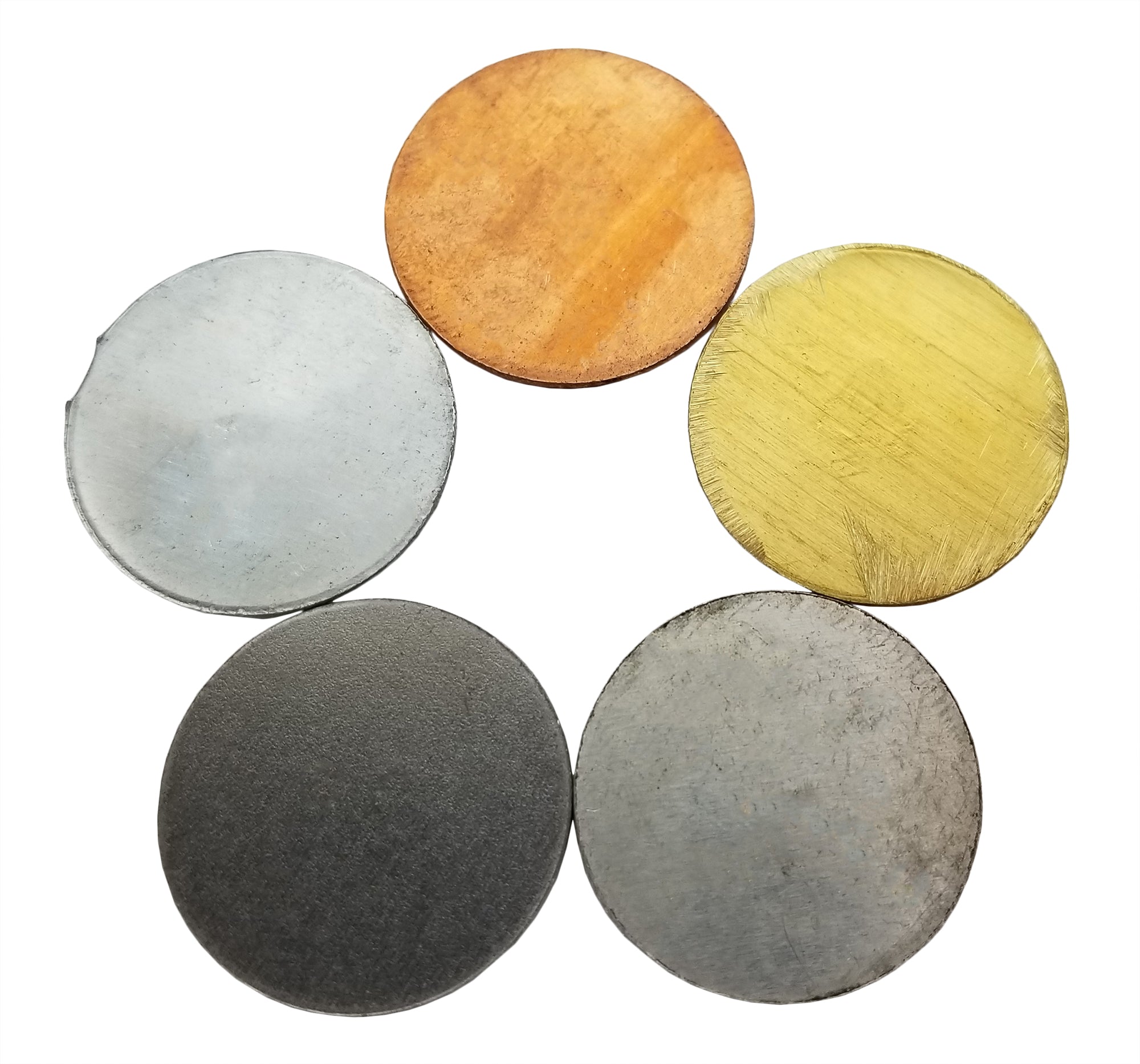 Electrode Disc with 5-metals; Copper, Brass, Iron, Aluminum, and Zinc. Sold as a pack of 10 sets.