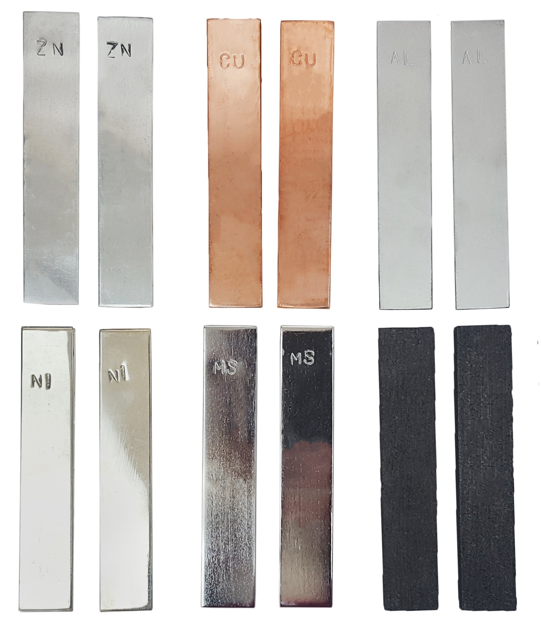 Electrode Set of 12 Electrodes, 2-Each of Aluminum, Zinc, Iron, Nickel, Copper, and Carbon.