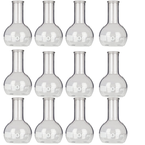 Flask Flat-Bottom Florence Boiling Flask, Standard Neck, 100ml capacity. Made from Borosilicate Glass. A good fit for any laboratory, science classroom, or homeschool. Pack of 12