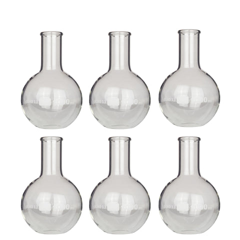 Flask Flat-Bottom Florence Boiling Flask, Standard Neck, 1000ml capacity. Made from Borosilicate Glass. A good fit for any laboratory, science classroom, or homeschool. Sold in a pack of 6 flasks.