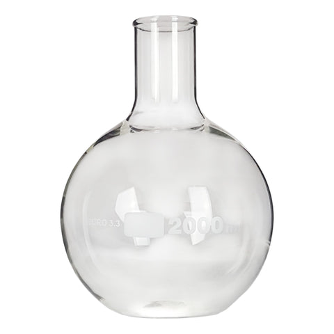 Flask, Flat-Bottom Florence Boiling Flask, Standard Neck, 2000ml capacity. Made from Borosilicate Glass. A good fit for any laboratory, science classroom, or homeschool.