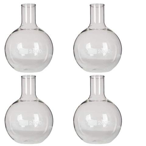 Flask Flat-Bottom Florence Boiling Flask, Standard Neck, 2000ml capacity. Made from Borosilicate Glass. A good fit for any laboratory, science classroom, or homeschool. Pack of 4.